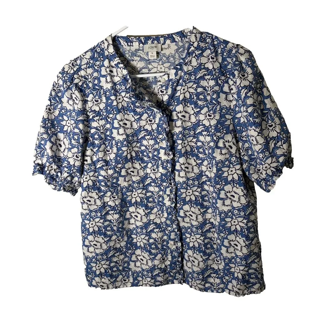 J Crew Blouse Women's Small Blue Floral Button Up Short Sleeve Casual Printed